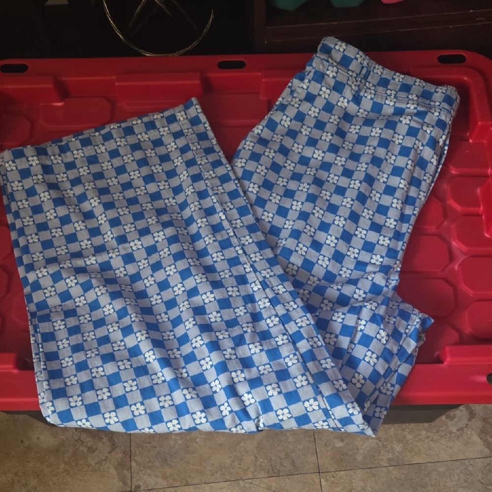 Wild Fable Blue And White Checkered/Daisy Print Women's Wideleg Pants